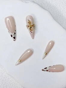 10片手工制作的Y2K白色法式和裸色亮面美甲片，带有手绘波点图案和3D手绘花卉装饰，1片果冻胶和1个指甲锉，非常适合日常和派对装扮，按压式美甲，美甲用品。 - 彩色 - 查看 3