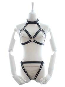 Dây xích cơ thể bằng da Punk cho phụ nữ nhiều lớp, dây xích bụng, dây xích ngực màu đen có thể điều chỉnh bằng khóa, trang sức cơ thể tiệc tùng Gothic - màu đen - Xem 2