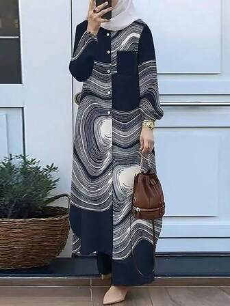 Women's Fashionable Printed Long Sleeve Shirt & Pants Set, Modest