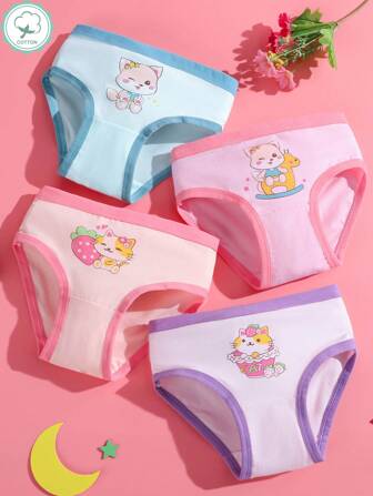 Young Girl 4pcs/Pack Soft And Comfortable Triangle Panties With Cute Cat Pattern
