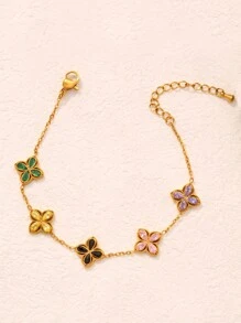 1 pieza Pulsera de acero inoxidable con flor de circonita, adecuada para uso diario de mujeres - transparente - Ver 6
