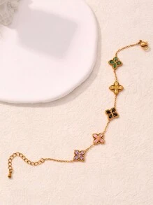 1 pieza Pulsera de acero inoxidable con flor de circonita, adecuada para uso diario de mujeres - transparente - Ver 3