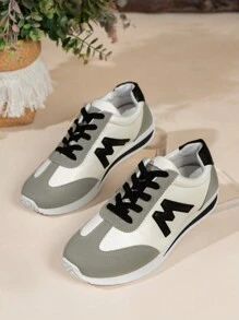 Women's Flat Lace-Up Non-Slip Sneakers For Running, Hiking, Dancing, Fitness Activities, White Leather, Size 35-43, Spring Autumn - Black - View 2