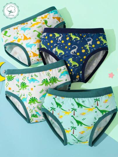 4pcs Young Boy Soft & Comfortable Triangle Briefs With Dinosaur Pattern