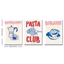 Set di 3 stampe su tela con immagini di cibo e bevande, cartellone d'arte per la cucina, stile retrò francese, con motivi come pasta, caffè e pane, quadri senza cornice per decorazione minimale per cameretta, appartamento, sala da pranzo, soggiorno, casa moderna