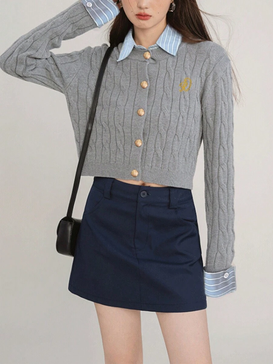 休闲条纹拼布刺绣开衫，春秋，长袖上衣 - 灰色 - 查看 1