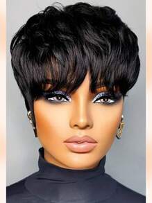 Pixie Cut Wig With Bangs Glueless Human Hair Straight Wigs Non-Lace Rose Net Cap 180% Density Machine Made Remy Suitable For African Women Basic Style Women's Pixie Cut Wig With Bangs