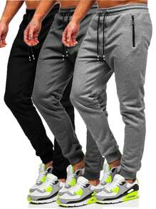 3 Pcs Men's Jogger Sweatpants With Zipped Pockets Drawstring Regular Fit Sweatpants For Running Gym Workout - 黑色+深灰+淺灰 - 查看 1