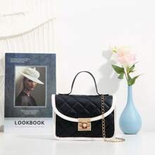 迷你时尚菱形翻盖包，配有链条肩带，女士刺绣小号单肩/斜挎手机包