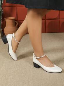 New Arrivals Fashion Mary Jane Buckle Closed Toe Women Thick High Heel Wedding Shoes - Apricot - View 5