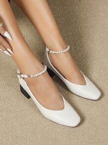 New Arrivals Fashion Mary Jane Buckle Closed Toe Women Thick High Heel Wedding Shoes - Apricot - View 3