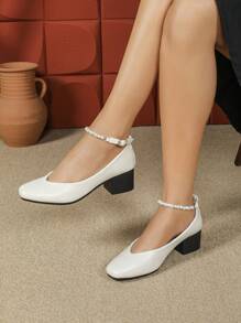 New Arrivals Fashion Mary Jane Buckle Closed Toe Women Thick High Heel Wedding Shoes - Apricot - View 1