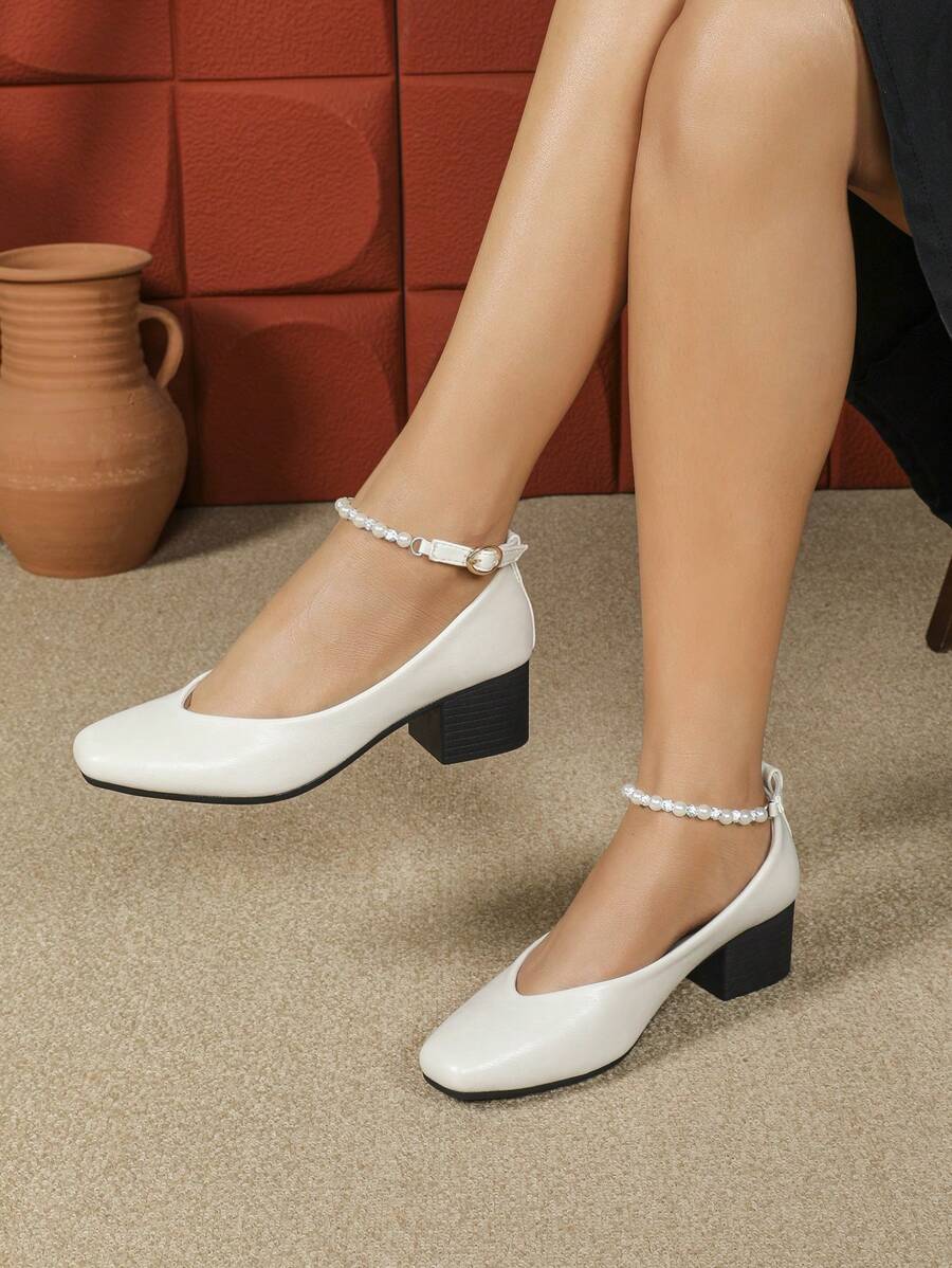 New Arrivals Fashion Mary Jane Buckle Closed Toe Women Thick High Heel Wedding Shoes - Apricot - View 1
