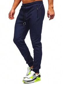3 Pcs Men's Jogger Sweatpants With Zipped Pockets Drawstring Regular Fit Sweatpants For Running Gym Workout - 海軍藍+深灰+淺灰 - 查看 3