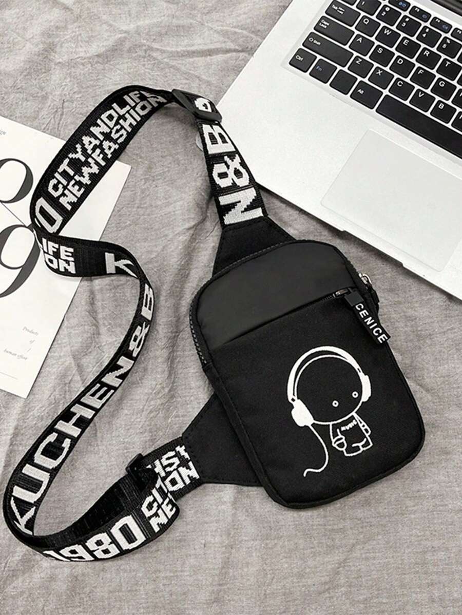1件可愛卡通王子印花胸包-刺繡字母肩帶輕量斜挎包,耐用運動跑步腰包,適合學生/男孩/年輕人,戶外旅行與日常使用-完美禮物選擇 - 黑色 - 查看 1