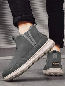 2024 秋冬新款男士雪地靴，高帮一脚蹬厚底防滑耐用休闲踝靴，保暖毛绒内衬，时尚户外/街头风格，黑色 - 灰色 - 查看 2