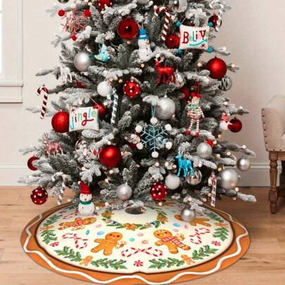 1 pieza Falda de árbol de Navidad con diseño de hombre de jengibre y caramelos, falda de árbol de Navidad con diseño de cabaña de jengibre, decoración navideña de poliéster para celebraciones de invierno interiores y exteriores, mejor regalo, decoración del hogar, decoraciones navideñas, decoración de habitación