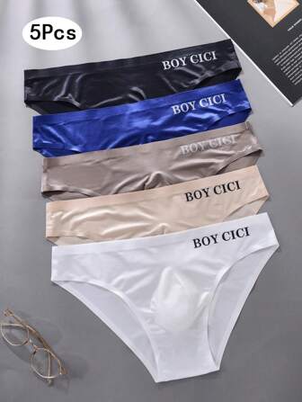 5pcs Men's Breathable Low Waist Triangle Briefs With Letters, Sporty & Sexy, Ice Silk, No Trace