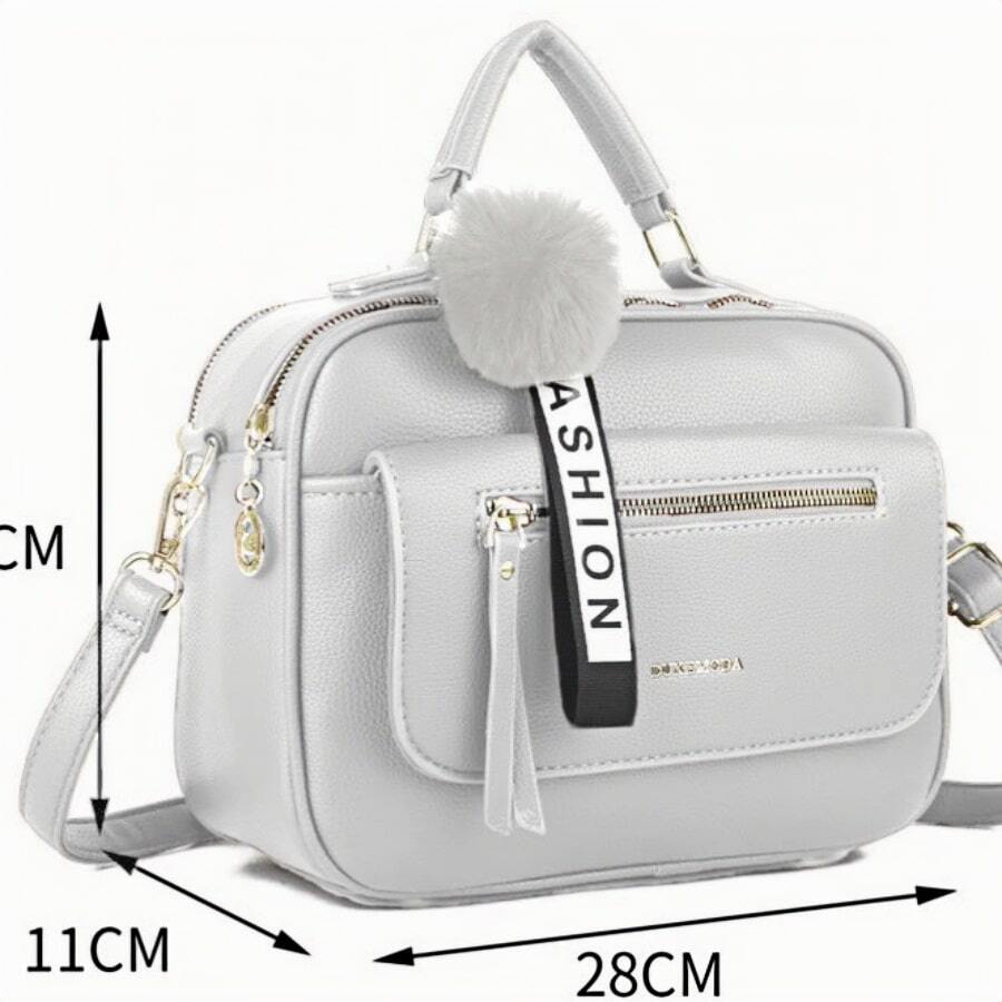 Women's Bag With Pompom Keychain Shoulder Strap Leather Crossbody Hand Strap - Bạc - Xem 1