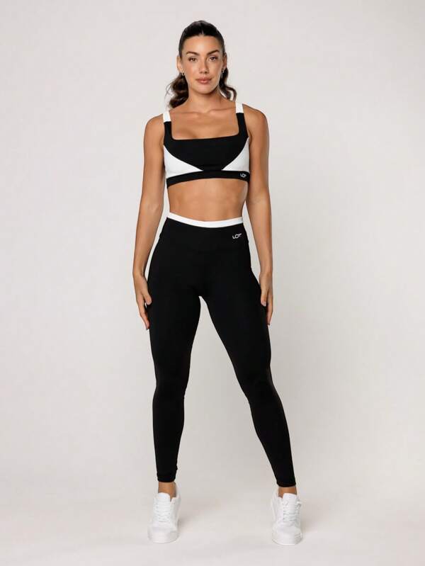 LOT FITNESS Conjunto Feminino Academia Top Preto com Recorte Branco Legging Fitness Elevate