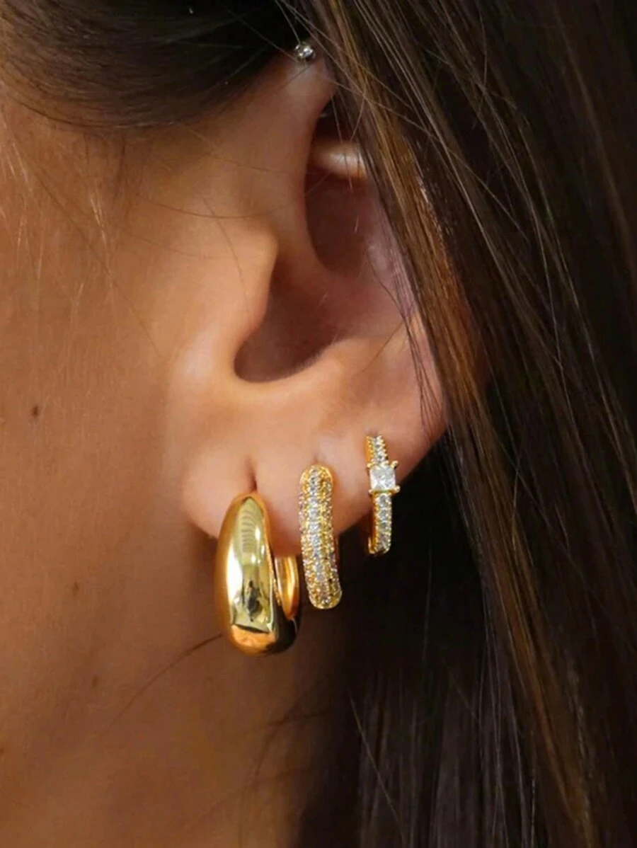 6pcs Fashionable Minimalist Copper Alloy Cubic Zirconia Gold Square Chunky Hoop Earrings Set, Women's Birthday, Holiday, Party Accessories, Match Daily Outfits