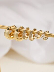 6pcs Fashionable Minimalist Copper Alloy Cubic Zirconia Gold Square Chunky Hoop Earrings Set, Women's Birthday, Holiday, Party Accessories, Match Daily Outfits - Silver - View 8