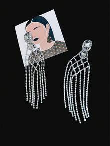 1 对 15 厘米闪亮水钻大玻璃流苏耳环，适合女士、派对礼服配饰 - 銀色 - 查看 3