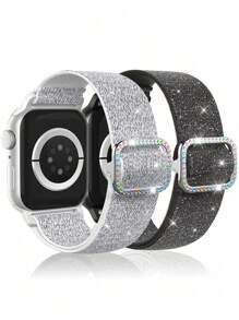 2 Packs Sparkly Stretchy Nylon Stretchy Band Compatible With Apple Watch 38/40/41/42/44/45/46/49mm, Shiny Elastic Nylon Straps Women Replacement Sport Solo Loop Wristband Compatible With IWatch Series Ultra/11/10/9/8/7/6/5/4/3/2/1 - Black - View 2