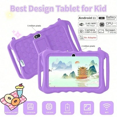 Android 11 平板电脑 7 英寸。四核 IPS 高清触摸屏。3000mAh 电池，1024 * 600 分辨率，2GB 内存和 32GB ROM，可扩展 512GB。200 万前置摄像头和 500 万后置摄像头，预装 IwawaAPP，家长控制，2.4gwifi 802.11 B/G/N 4.2 平板电脑。Unisoc.SC7731E 1.3 Ghz