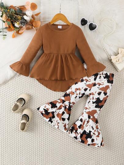 Baby Girl Plain Crew Neck Long Sleeve Top And Pants Casual 2 Pieces Set
