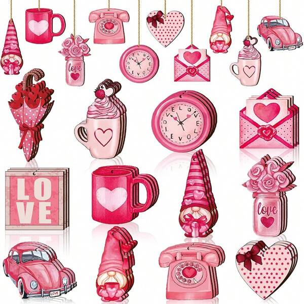 24pcs Pink Valentine's Day Decorations, Wooden Gnome Hanging Ornaments For Valentine's Day Holiday Party Decor