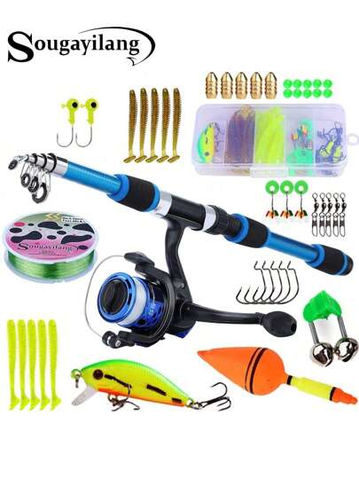 SOUGAYILANG Set de pesca de 1.8M/5.9 pies con caña telescópica y carrete giratorio, cebo, anzuelos y accesorios (el color y modelo de la línea de pesca son aleatorios)