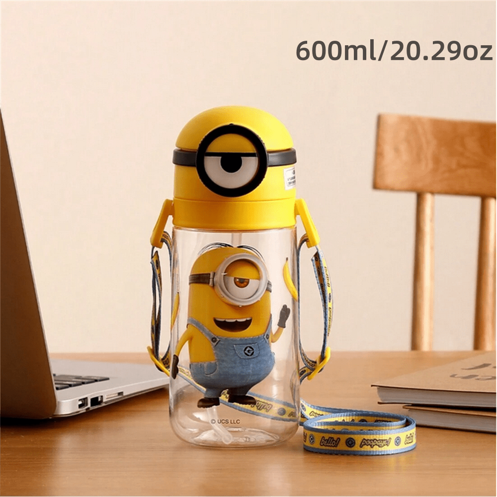 Miniso 600mL/20.29oz Water Cup Minions Series Collection Plastic Bottle With Shoulder Strap Large Capacity Sport Straw Cup