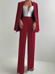 女士优雅休闲西装外套和直筒裤两件套，秋冬季、圣诞节、新年派对、情人节等场合皆宜，带垫肩，春季款 - 酒紅色 - 查看 3