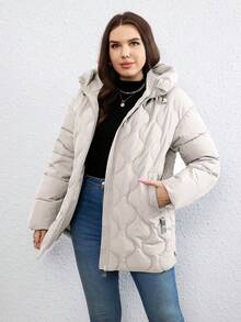 HaiLuoZi Plus Size Zip Up Hooded Quilted Padded Coat - Beige - View 7