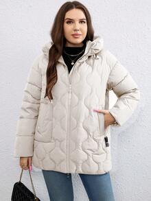 HaiLuoZi Plus Size Zip Up Hooded Quilted Padded Coat - Beige - View 8