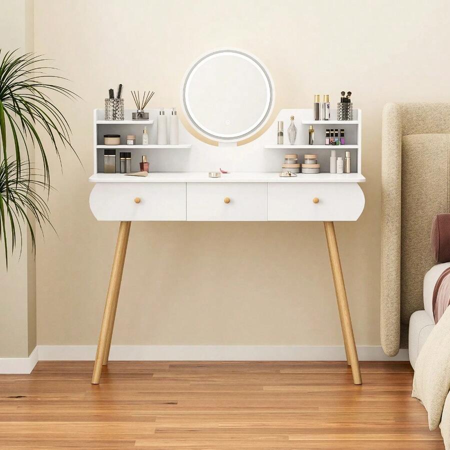 Makeup Vanity Desk With LED Lighted Mirror, Vanity Table With 4 Drawers
