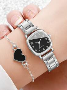 4 peças/conjunto de relógio de quartzo feminino quadrado minimalista com mostrador pequeno e pulseira com pingente de coração