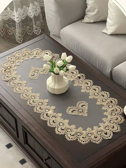 1pc Oval Shaped Lace Net Tablecloth, European Style Polyester Lace Net Tablecloth, Burn-Proof & Dust-Proof, Suitable For Dining Table, Coffee Table, Daily Party, Wedding And Holiday