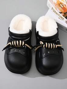 女士加垫保暖拖鞋，厚底防滑一脚蹬休闲鞋，适合秋冬季 - 黑色 - 查看 5