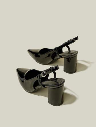 Women Pointed Toe PU Leather Block Heel Pump, Elegant Formal Pointy Toe High Heels, Sexy Slingback Sandals