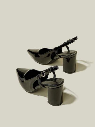 女士尖头PU皮粗跟高跟鞋，优雅正式尖头高跟鞋，性感露跟凉鞋