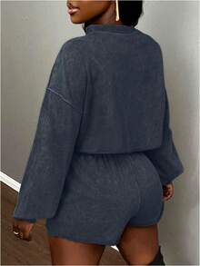 Bộ đồ mùa thu giản dị đơn giản cơ bản cổ tròn tay dài cắt ngắn rộng rãi thả vai tay bồng gấu rộng áo nỉ quần short ngắn áo nỉ dệt kim bộ đồ hai mảnh cho nữ - Màu xám đen - Xem 2