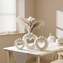 Ceramic Vase, White Decorative Vase, White Heart Shaped Ceramic Vase, 1pc & 3pcs Pack, Scandinavian Modern Bohemian Decorative Ceramic Aesthetic Vase, Valentine's Day Decorations, Table Decorations, Office, Bedroom, Mantel Decorations Rama Decoration Rama Gifts Birthday Graduation Home Decor Room Decor Flower Vase Glass Vase