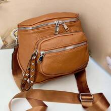 Women's PU Leather Crossbody Bag Stylish Modern Blogger Fanny Pack With Textile Strap - màu nâu - Xem 1