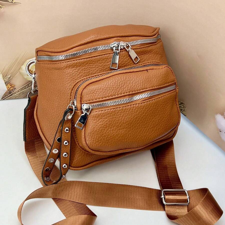 Women's PU Leather Crossbody Bag Stylish Modern Blogger Fanny Pack With Textile Strap - màu nâu - Xem 1