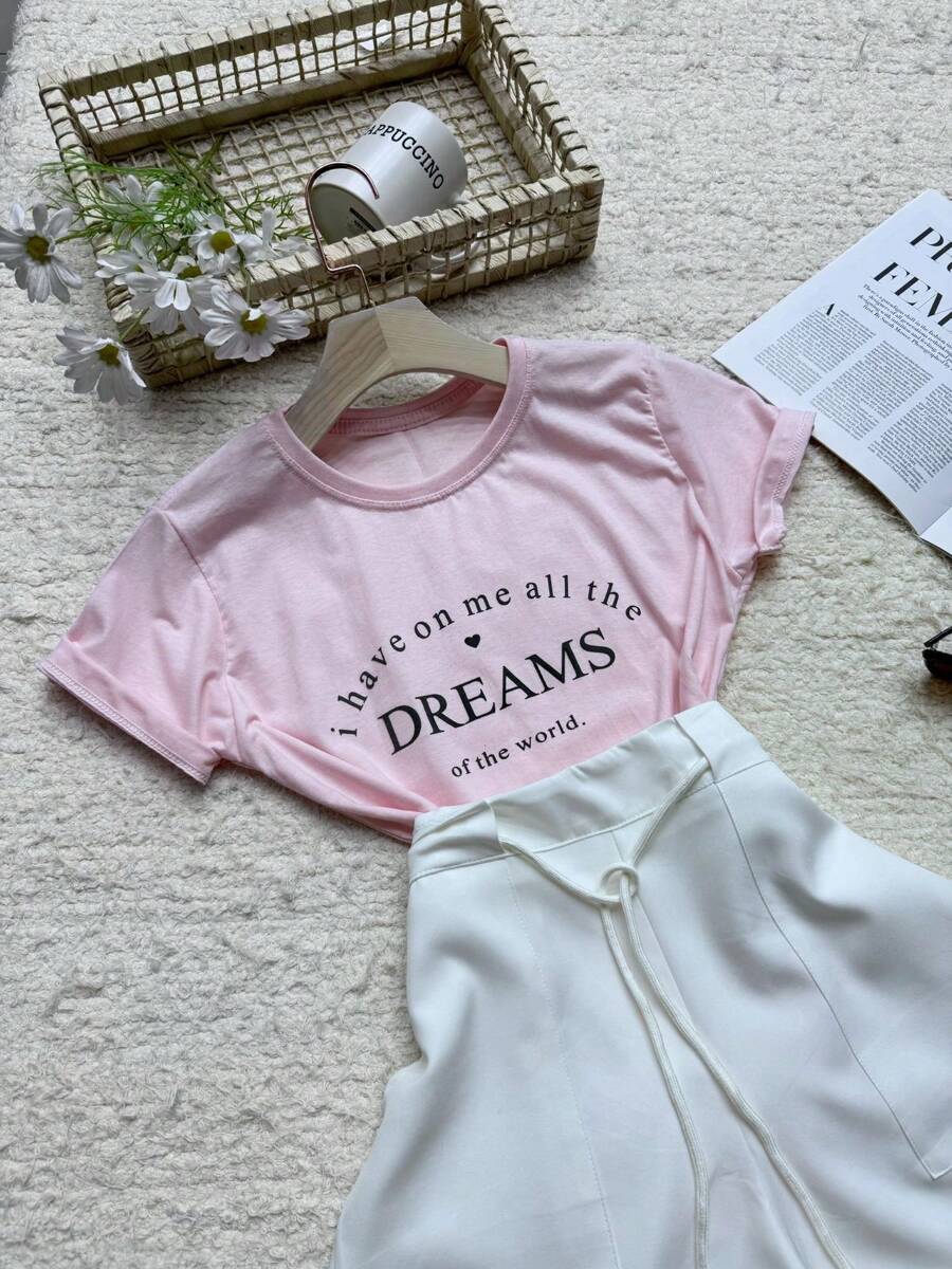 Women's Cotton T-Shirt With DREAMS, Casual And Comfortable Cotton Material