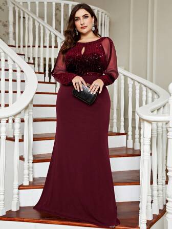 Plusstorlek damklänning i glittrig mesh med paljetter och sjöjungfruklänning (tung modell), klänning, formell, bröllopsgäst