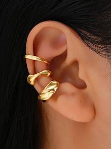 Bộ 3 chiếc/Bộ Hoa tai kẹp hình chữ C bất đối xứng đơn giản, Quà tặng cho phụ nữ, để hẹn hò, đi nghỉ và kết hợp hàng ngày - Vàng - Xem 15