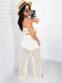 Knitted Beach Cover-Up Set 3 Pieces Cropped Top Pants And Shorts - trắng - Xem 3